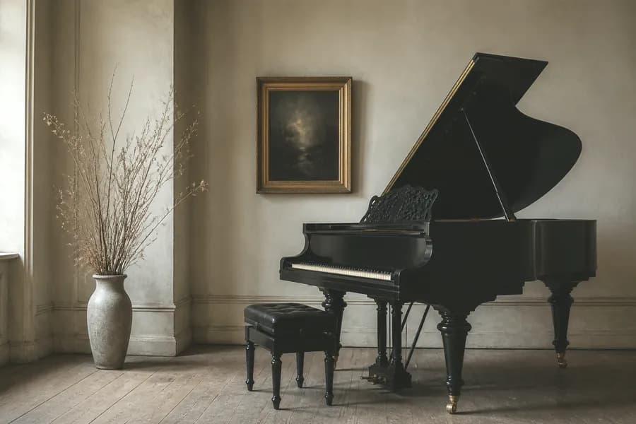 A grand piano in the hall of the piano experience centre